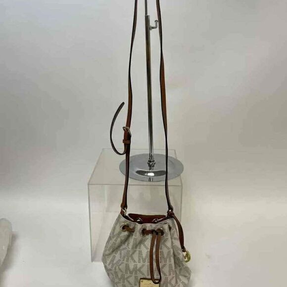 Michael Kors MK Designer Beige Brown Crossbody Bag Bucket Drawstring Purse Bag - Picture 2 of 8